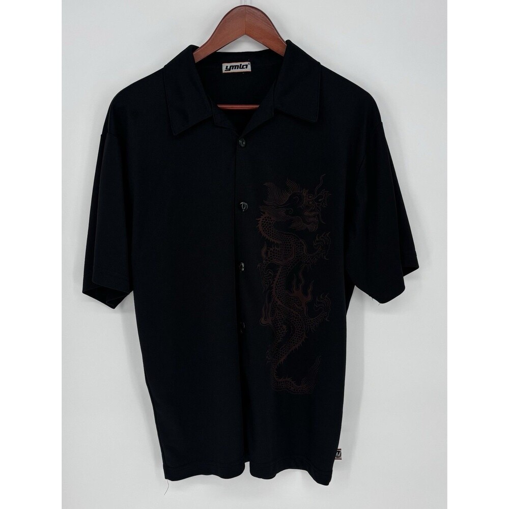 Men’s YMLA Black Dragon Button Up Shirt Large Short Sleeve Graphic Y2K Inspired